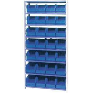 Storage Shelf Unit with Stacking Bins - Add-On, 8, 800 lbs., Steel, 36", 12", 76", Boltless, Open, 28, Blue, 8-1/4" W x 10-3/4" D x 7" H, Grey Enamel