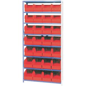 Storage Shelf Unit with Stacking Bins - Add-On, 8, 800 lbs., Steel, 36", 12", 76", Boltless, Open, 28, Red, 8-1/4" W x 10-3/4" D x 7" H, Grey Enamel