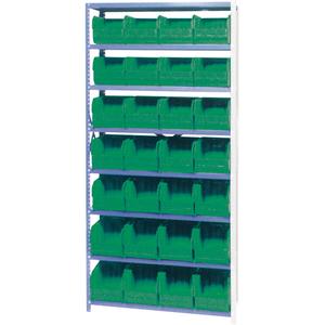 Storage Shelf Unit with Stacking Bins - Add-On, 8, 800 lbs., Steel, 36", 12", 76", Boltless, Open, 28, Green, 8-1/4" W x 10-3/4" D x 7" H, Grey Enamel