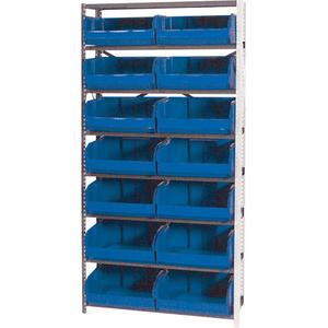 Storage Shelf Unit with Stacking Bins - Add-On, 8, 800 lbs., Steel, 36", 12", 76", Boltless, Open, 14, Blue, 16-1/2" W x 14-3/4" D x 7" H, Grey Enamel