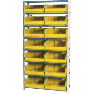 Storage Shelf Unit with Stacking Bins - Add-On, 8, 800 lbs., Steel, 36", 12", 76", Boltless, Open, 14, Yellow, 16-1/2" W x 14-3/4" D x 7" H, Grey Enamel