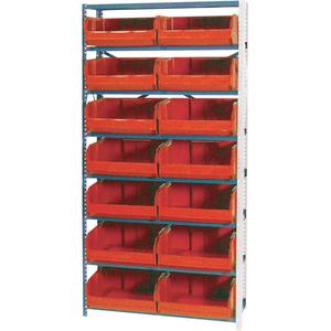 Storage Shelf Unit with Stacking Bins - Add-On, 8, 800 lbs., Steel, 36", 12", 76", Boltless, Open, 14, Red, 16-1/2" W x 14-3/4" D x 7" H, Grey Enamel