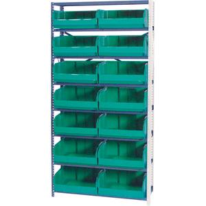 Storage Shelf Unit with Stacking Bins - Add-On, 8, 800 lbs., Steel, 36", 12", 76", Boltless, Open, 14, Green, 16-1/2" W x 14-3/4" D x 7" H, Grey Enamel
