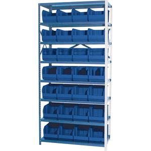 Storage Shelf Unit with Stacking Bins - Add-On, 8, 800 lbs., Steel, 36", 12", 76", Boltless, Open, 28, Blue, 8-1/4" W x 14-3/4" D x 7" H, Grey Enamel