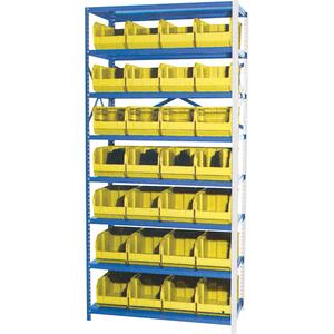 Storage Shelf Unit with Stacking Bins - Add-On, 8, 800 lbs., Steel, 36", 12", 76", Boltless, Open, 28, Yellow, 8-1/4" W x 14-3/4" D x 7" H, Grey Enamel
