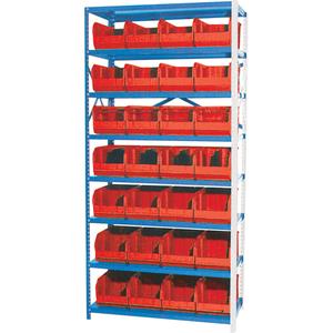 Storage Shelf Unit with Stacking Bins - Add-On, 8, 800 lbs., Steel, 36", 12", 76", Boltless, Open, 28, Red, 8-1/4" W x 14-3/4" D x 7" H, Grey Enamel