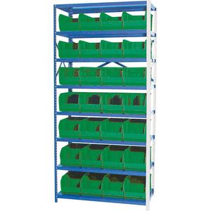 Storage Shelf Unit with Stacking Bins - Add-On, 8, 800 lbs., Steel, 36", 12", 76", Boltless, Open, 28, Green, 8-1/4" W x 14-3/4" D x 7" H, Grey Enamel