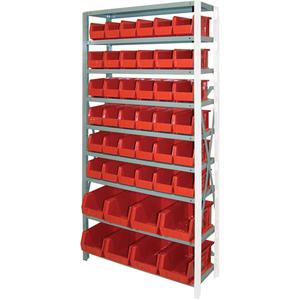 Storage Shelf Unit with Stacking Bins - Add-On, 9, 800 lbs., Steel, 36", 12", 76", Boltless, Open, 44, Red, 14 3/4" L x 8 1/4" W x 7" H, 11" L x 5 1/2" W x 5" H