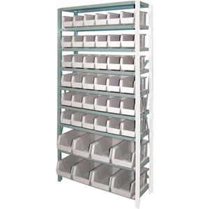 Storage Shelf Unit with Stacking Bins - Add-On, 9, 800 lbs., Steel, 36", 12", 76", Boltless, Open, 44, Ivory, 14 3/4" L x 8 1/4" W x 7" H, 11" L x 5 1/2" W x 5" H