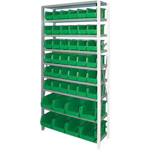 Storage Shelf Unit with Stacking Bins - Add-On, 9, 800 lbs., Steel, 36", 12", 76", Boltless, Open, 44, Green, 14 3/4" L x 8 1/4" W x 7" H, 11" L x 5 1/2" W x 5" H