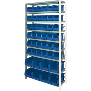 Storage Shelf Unit with Stacking Bins - Add-On, 9, 800 lbs., Steel, 36", 12", 76", Boltless, Open, 44, Blue, 8-1/4" W x 14-3/4" D x 7" H, 5-1/2" W x 10-7/8" D x 5" H