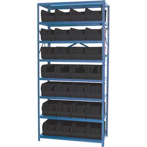 Storage Shelf Unit with Stacking Bins - Starter, 8, 800 lbs., Steel, 36", 12", 76", Boltless, Open, 28, Black, 8-1/4" W x 14-3/4" D x 7" H