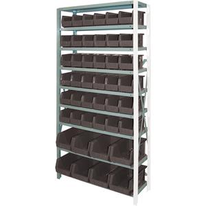 Storage Shelf Unit with Stacking Bins - Add-On, 9, 800 lbs., Steel, 36", 12", 76", Boltless, Open, 44, Black, 8-1/4" W x 14-3/4" D x 7" H, 5-1/2" W x 10-7/8" D x 5" H