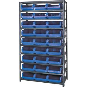 Shelving Unit with Stacking Bins - Starter, 10, 650 lbs., Steel, 42", 18", 76", Boltless, Open, 27, Blue, 12-3/8" W x 19-3/4" D x 5-7/8" H, Grey Enamel