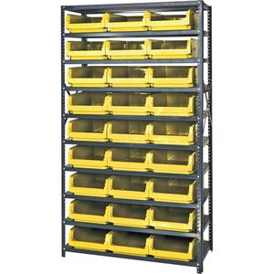 Shelving Unit with Stacking Bins - Starter, 10, 650 lbs., Steel, 42", 18", 76", Boltless, Open, 27, Yellow, 12-3/8" W x 19-3/4" D x 5-7/8" H, Grey Enamel