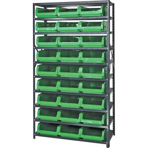 Shelving Unit with Stacking Bins - Starter, 10, 650 lbs., Steel, 42", 18", 76", Boltless, Open, 27, Green, 12-3/8" W x 19-3/4" D x 5-7/8" H, Grey Enamel