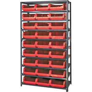 Shelving Unit with Stacking Bins - Starter, 10, 650 lbs., Steel, 42", 18", 76", Boltless, Open, 27, Red, 12-3/8" W x 19-3/4" D x 5-7/8" H, Grey Enamel