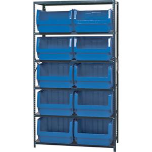 Shelving Unit with Stacking Bins - Starter, 6, 650 lbs., Steel, 42", 18", Boltless, Open, 10, Blue, 18-3/8" W x 19-3/4" D x 11-7/8" H, Grey Enamel
