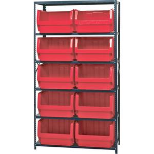 Shelving Unit with Stacking Bins - Starter, 6, 650 lbs., Steel, 42", 18", Boltless, Open, 10, Red, 18-3/8" W x 19-3/4" D x 11-7/8" H, Grey Enamel