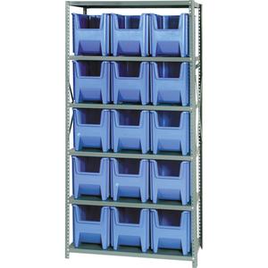 Shelving Unit with Stacking Bins - Starter, 6, 800 lbs., Steel, 36", 18", 75", Boltless, Open, 15, Blue, 10-7/8" W x 17-1/2" D x 12-1/2" H