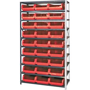 Shelving Unit with Stacking Bins - Add-On, 10, 650 lbs., Steel, 42", 76", Magnum Bin, Open, 27, Red, 12-3/8" W x 19-3/4" D x 5-7/8" H, Grey Enamel