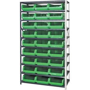 Shelving Unit with Stacking Bins - Add-On, 10, 650 lbs., Steel, 42", 76", Magnum Bin, Open, 27, Green, 12-3/8" W x 19-3/4" D x 5-7/8" H, Grey Enamel
