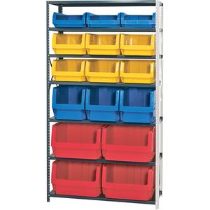 Shelving Unit with Stacking Bins - Add-On, 7, 650 lbs., Steel, 42", 76", Magnum Bin, Open, 16, Assorted, 12.375" W x 19.75" D x 5.875" H, 12.375" W x 19.75" D x 7.875" H