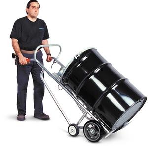 Drum Truck with Hand Brake - 25 - 55 US Gal. (20 - 45 Imperial Gal.), Aluminum, Rubber, Steel, 1000 lbs.