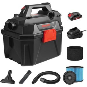 Cordless Wet/Dry Vacuum - 20 V, 2 Gal., Lithium-Ion, 5', (1) 5' x 1-1/2" Lock-On Hose; (1) Gulper Nozzle; (1) Crevice Tool