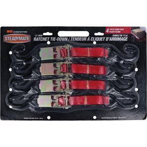 Ratchet Utility Straps - S-Hook, 1", 12', 500 lbs. (230 kg), 1500 lbs. (680 kg), English, French, & Spanish, Red, WSTDA (Web Sling Tie Down Association)