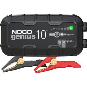 Genius® 10™ 10-Amp Battery Charger - (1) GENIUS10 Battery Charger w/ Interchangeable Connector; (1) Clamps w/ Integrated Eyelets (M10); (1) Mounting Bracket w/ Strap; (2) Self-Tapping Screws; (1) User Guide & Warranty Information