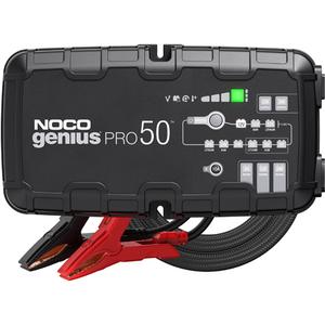 Genius® Pro50™ 50-Amp Battery Charger - (1) GENIUSPRO50 Battery Charger w/ Interchangeable Connectors; (1) Genius PRO Clamps w/ Integrated Eyelets; (1) 10' Extension Cord; (1) EVA Case; (2) Self-Tapping Screws; (4) Type A