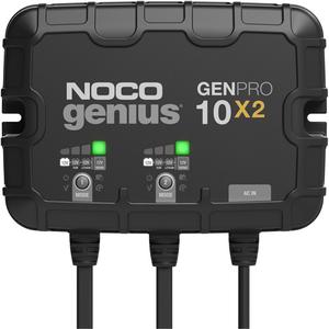 Genius® GenPro10X2 2-Bank, 20-Amp On-Board Battery Charger - (1) GENPRO10X2 On-Board Battery Charger; (2) Self-Tapping Screws; (1) User Guide & Warranty Information, 120V to 240V AC, 50Hz to 60Hz