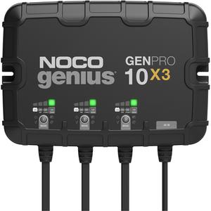 Genius® GenPro10X3 3-Bank, 30-Amp On-Board Battery Charger - (1) GENPRO10X3 On-Board Battery Charger; (2) Self-Tapping Screws; (1) User Guide & Warranty Information, 120V to 240V AC, 50Hz to 60Hz