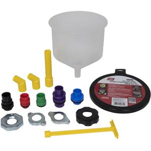 15-Piece Spill-Free Funnel Kit - Lid for Funnel (will fit all older Funnels); Funnel; 45 Degree Elbow; Fluid Stopper; Large Cap A; Medium Cap B; Black Adapter A with Gasket; Red Adapter B with Gasket;