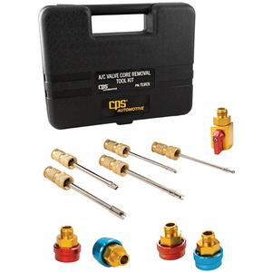 10-Piece A/C Valve Core Removal Tool Kit - R-1234YF & R-134A High-Side Quick-Connect Couplers; 1234YF & R-134A Low Side Quick Connect; Master Shut-Off Valve; Standard, GM (Large Bore), JRA, 8mm