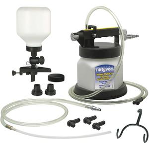 Premium Vacuum Brake Bleeder Kit - Air, (1) Brake Bleeder; (1) 6' (1.8 m) Bleed Hose Assembly; (1) 4' (1.2 m) Fluid Evacuation Hose; (1) Molded Base with Screws for Bench Mounting; (1) Automatic Fluid Refill Kit (MVA6825); (1) Clamp-On Style Auto-Refill Kit (MVA6832); (1) Hanging Hook; (3) Universal Bleed Screw Adapters; (1) User Manual (English/French/Spanish/German)
