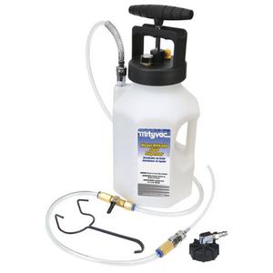 European Pressure Bleed System - Air, 1.2 gal. (5 L) Fluid Reservoir; Reservoir Lid with Integrated Manual Pump; Pressure Gauge; Pressure Relief Valve; 5' (1.5 m) Fluid Dispensing Hose with Flow Control & Auto-Shutoff Valves; MVA804 European Pressure Bleed Adapter; Fluid Dispensing Wand; Hanging Hook; User Manual