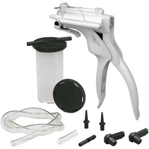 Selectline Brake Bleeding Kit - Air, (1) Selectline Hand Vacuum Pump (Model MV8030); (1) 4.5 oz. (135 ml) Fluid Reservoir Bottle with Fluid Transfer & Storage Lids; (2) Tapered Bleed Screw Adapters; (2) Universal Bleed Screw Adapters; (1) 1/4" ID x 1-1/2" Long (6.4 mm ID x 40 mm Long) Connection Tube; 1/4" ID x 24" Long (6.4 mm ID x 610 mm Long) Connection Tube; User Manual (English/French/Spanish)