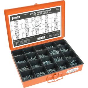 Wood Screw Assortment - 850, 4 x 1/2, 3/4; 5 x 5/8; 6 x 3/4, 1, 1-1/4, 1-1/2; 8 x 3/4, 1, 1-1/4, 1-1/2; 10 x 3/4, 1, 1-1/2, 4 x 1/2; 5 x 5/8; 6 x 3/4; 8 x 3/4, 1, 1-1/4; 10 x 1-1/2
