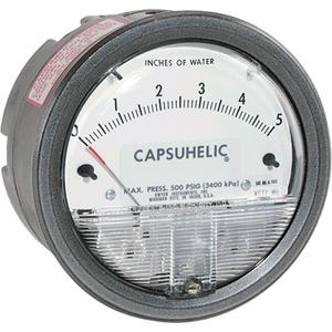 Capsuhelic® Differential Pressure Gauge - 4", 0 - 20 in. w.c., Panel Mount, Analogue, Brass, ±3% of Full Scale at 70°F (21.1°C), '-20" Hg to 500 psig, 20 to 200°F (-6.67 to 93.3°C)