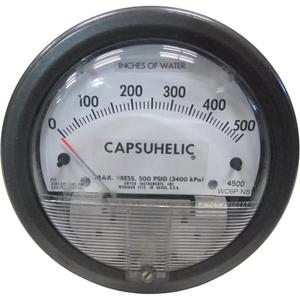 4000 Series Capsuhelic® Differential Pressure Gauge with Case - 4", 0 - 500 in. w.c., Panel Mount, Analogue, Brass, Aluminum, ±3% of Full Scale at 70°F (21.1°C), '-20" Hg to 500 psig