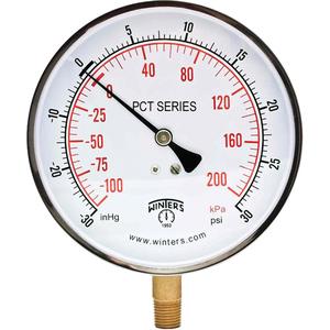 Contractor Pressure Gauge - 4-1/2", 30 - 0 - 30 psi, Bottom Mount, Analogue, 1/4" NPT, ±1% ANSI/ASME Grade 1A, 5 Years, IP52