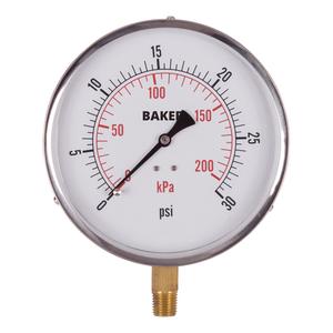 Pressure Gauges - 4-1/2", 0-30 psi, 0-60 psi, 0 - 100 psi, 0 - 160 psi, 0 - 200 psi, 0-300 psi, 0 - 500 psi, 30" 0 Hg Vac., Bottom Mount, Analogue, 5 PSI, 0.5 PSI