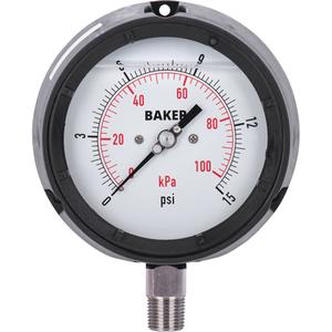 Pressure Gauge - 4-1/2", 0 - 15 psi/0 - 100 kPa, 0 - 1500 psi, 0-400 psi/0-2800 kPa, Bottom Mount, Liquid Filled Analogue, 1/4"