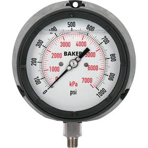 Pressure Gauge - 4-1/2", 0 - 1000 psi, Bottom Mount, Liquid Filled Analogue, '-50° - 170° F, 1/4" NPT, 30%, 1/2% of Full Scale