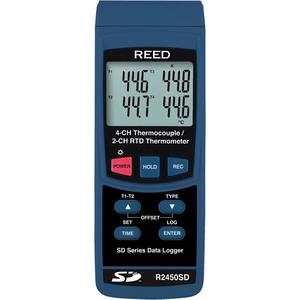 Data Logging Thermocouple Thermometer with NIST Certificate - ± 0 °C to ±40 °C (± 32 °F to ±104 °F), Quad Display LCD, CE, 4-Channel, Thermocouple, 2-Channel RTD, 6 AA Batteries