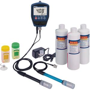R3525 pH/mV Meter with ORP Electrode, pH/Conductivity Solutions & Power Adapter Kit - Hand Held, 0 - 14 pH, Not Data Logging, R3525 pH/mV Meter with Temperature; R3525 39" (1 m) Cable ORP Electrode; R1404 4.01 pH Buffer Solution; R1407 7.00 pH Buffer Solution; R1430 1413s Conductivity Standard Solution; R3525-ADP 110V Power Adapter; Protective Holster; Mounting Suction Cup and Battery