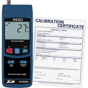 Data Logging Vibration Meter with ISO Certificate - 10% - 85% RH, 32°- 122° F ( 0° - 50° C ), (1) Data Logging Vibration Meter; (1) ISO Certificate with Full Data and Uncertainties; (1) Vibration Probe with 47.2" (1.2m) Cable; (1) Hard Carrying Case; (6) AA Batteries