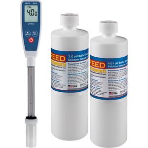 Long Stem pH Meter & 4pH/7pH Buffer Solution Kit - Digital, '+/-0.2 pH, 0.01 pH, Ceramic, Round